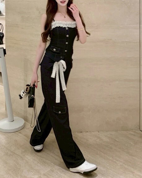 設計師家牛仔拼接荷葉一字肩帶上衣+寬褲