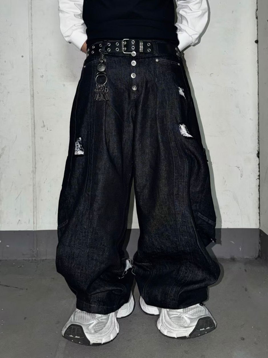 扣鈕破洞鬆身牛仔褲 UNUSED-155P