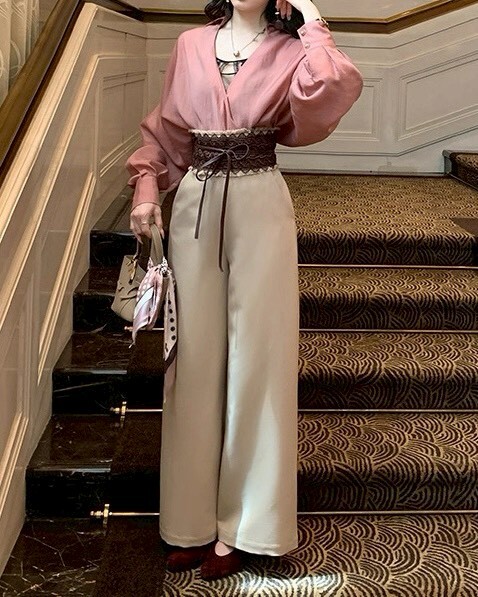 設計師家褲頭毛邊高腰寬褲附復古蕾絲雕花腰帶