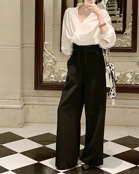 設計師家褲頭毛邊高腰寬褲附復古蕾絲雕花腰帶