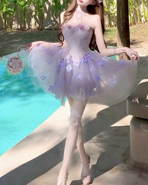 花仙子桃心領馬甲紗裙洋裝