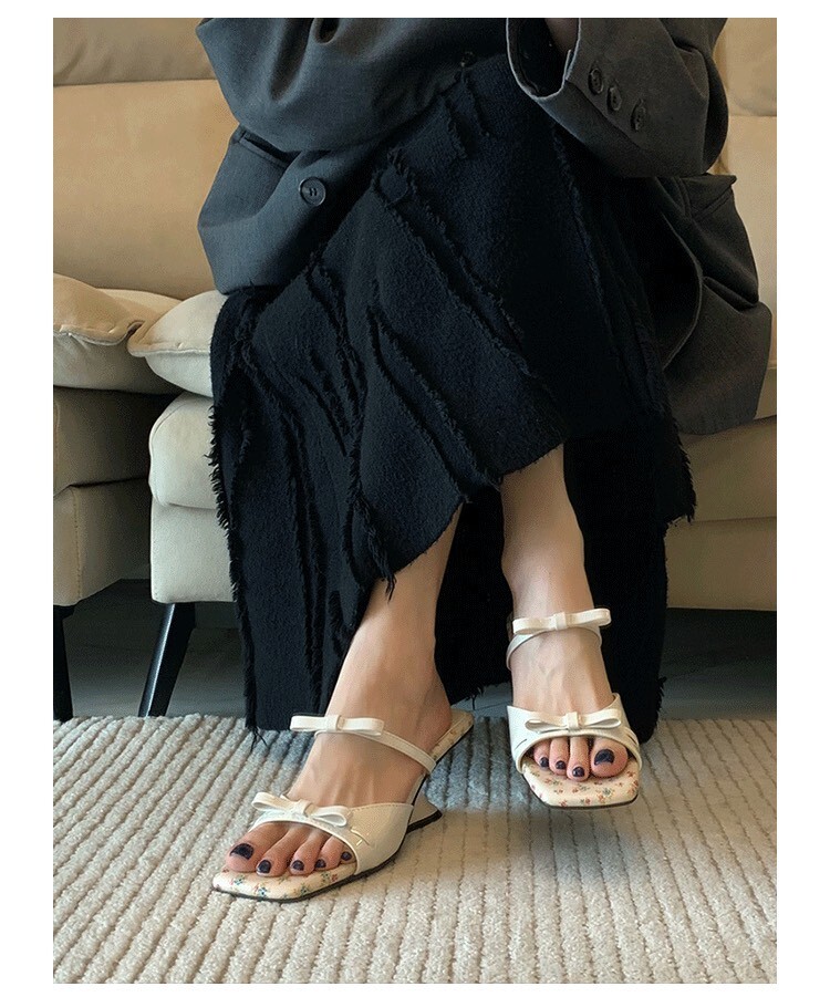 甜美碎花底雙蝴蝶結高跟拖鞋