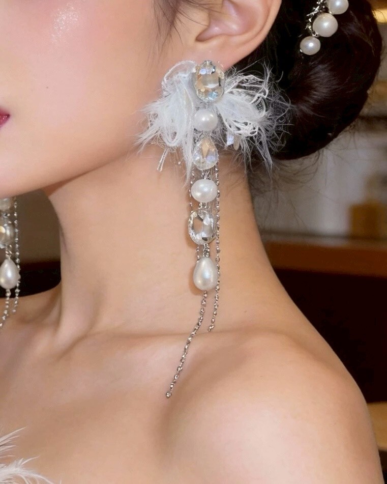 毛線流蘇珍珠鑽耳環