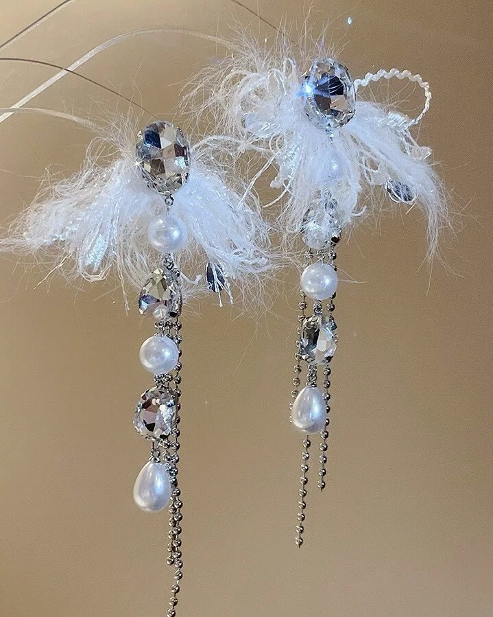 毛線流蘇珍珠鑽耳環