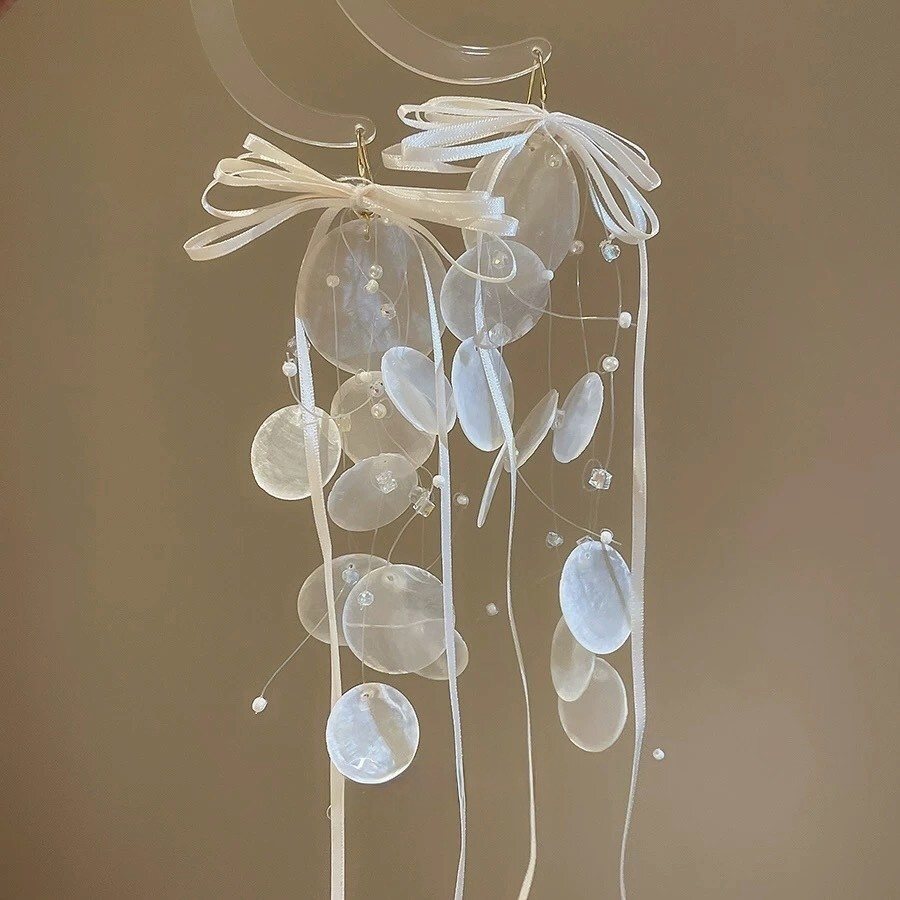 長貝殼流蘇緞帶蝴蝶結耳環