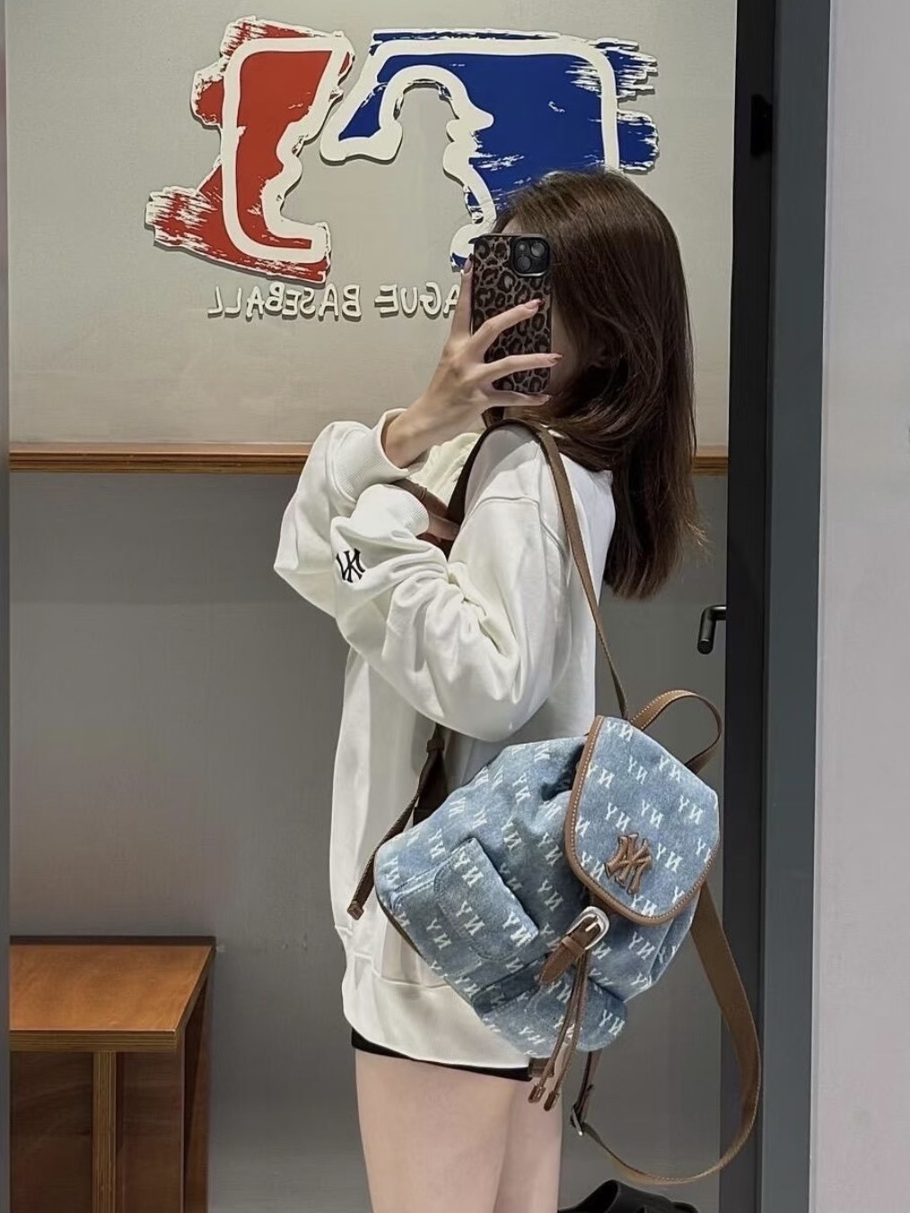 MLB 滿印老花 MIUMIU風 翻蓋 雙肩包