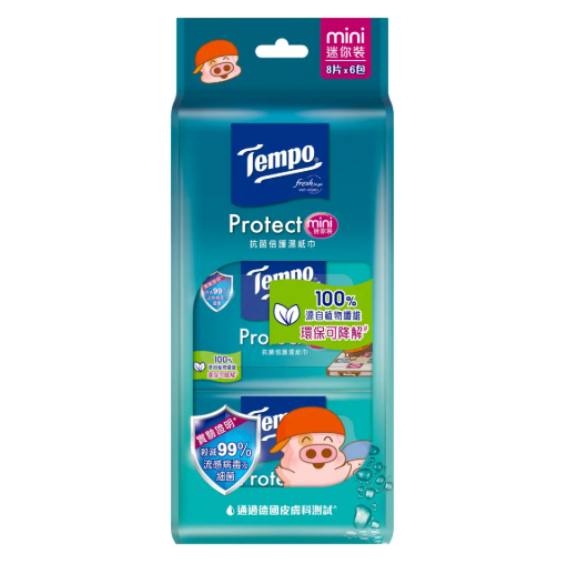 Tempo Protect 迷你裝 抗菌倍護濕紙巾 8片x 6包