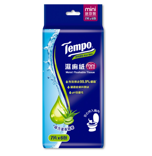 Tempo迷你濕廁紙清爽蘆薈 7片x 6包 (款式隨機發送)