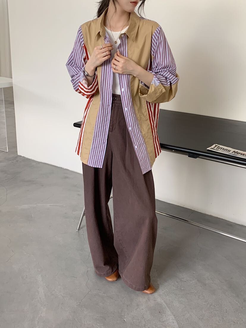 060401 小眾設計款! 拼接條紋襯衫 - 2 colors