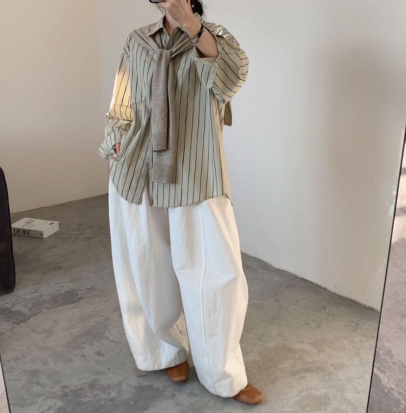 060402 寬鬆條紋襯衫 - 杏 (附披肩)