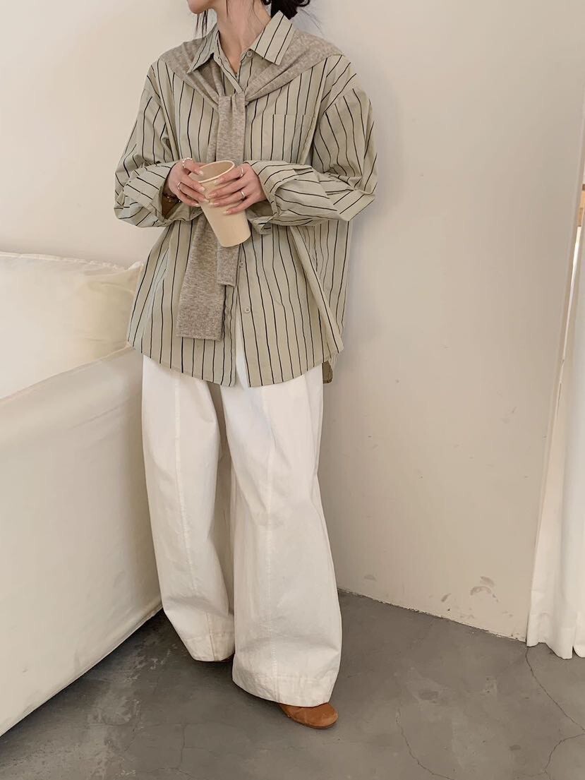 060402 寬鬆條紋襯衫 - 杏 (附披肩)