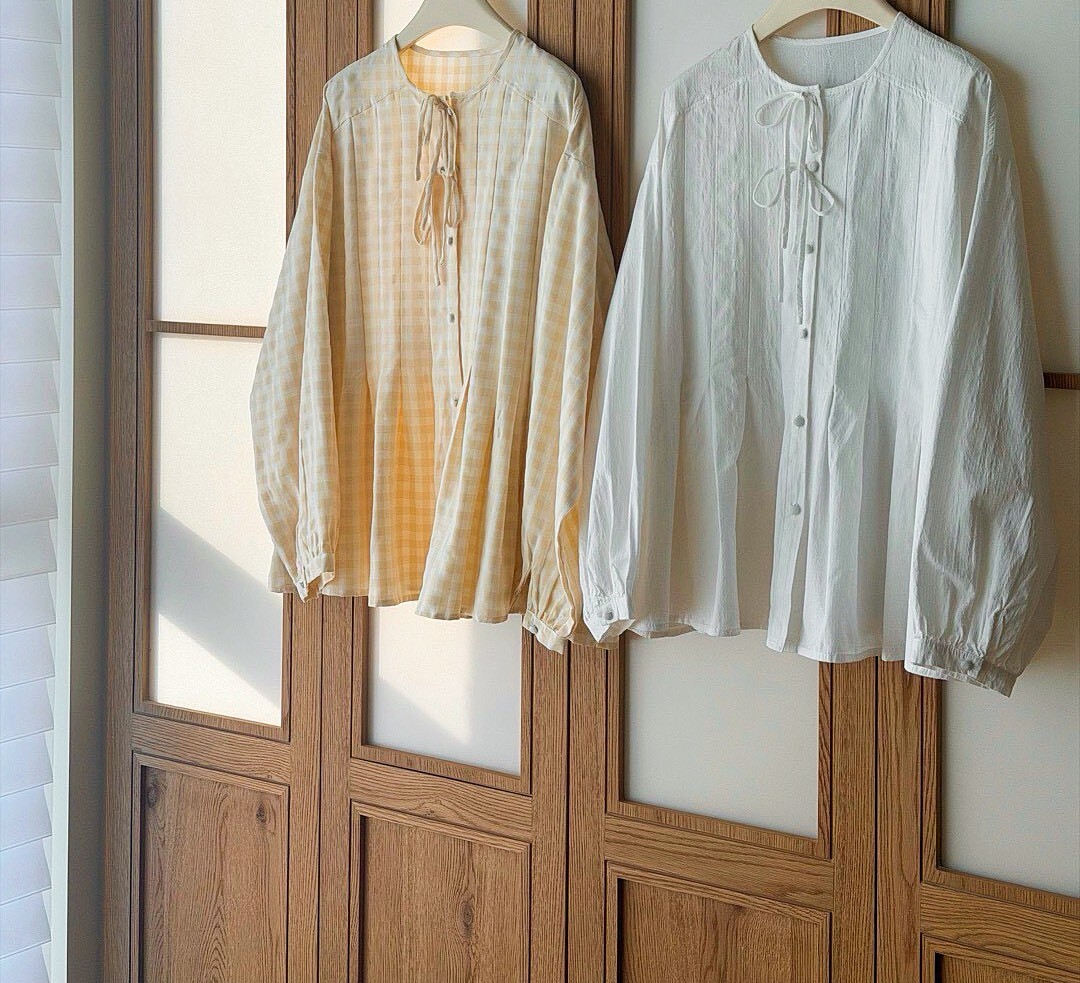 060389 綁帶無領襯衫- 2 colors