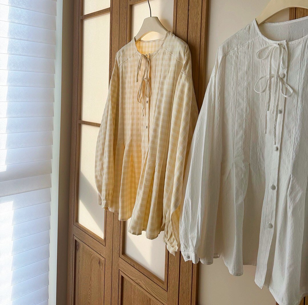 060389 綁帶無領襯衫- 2 colors