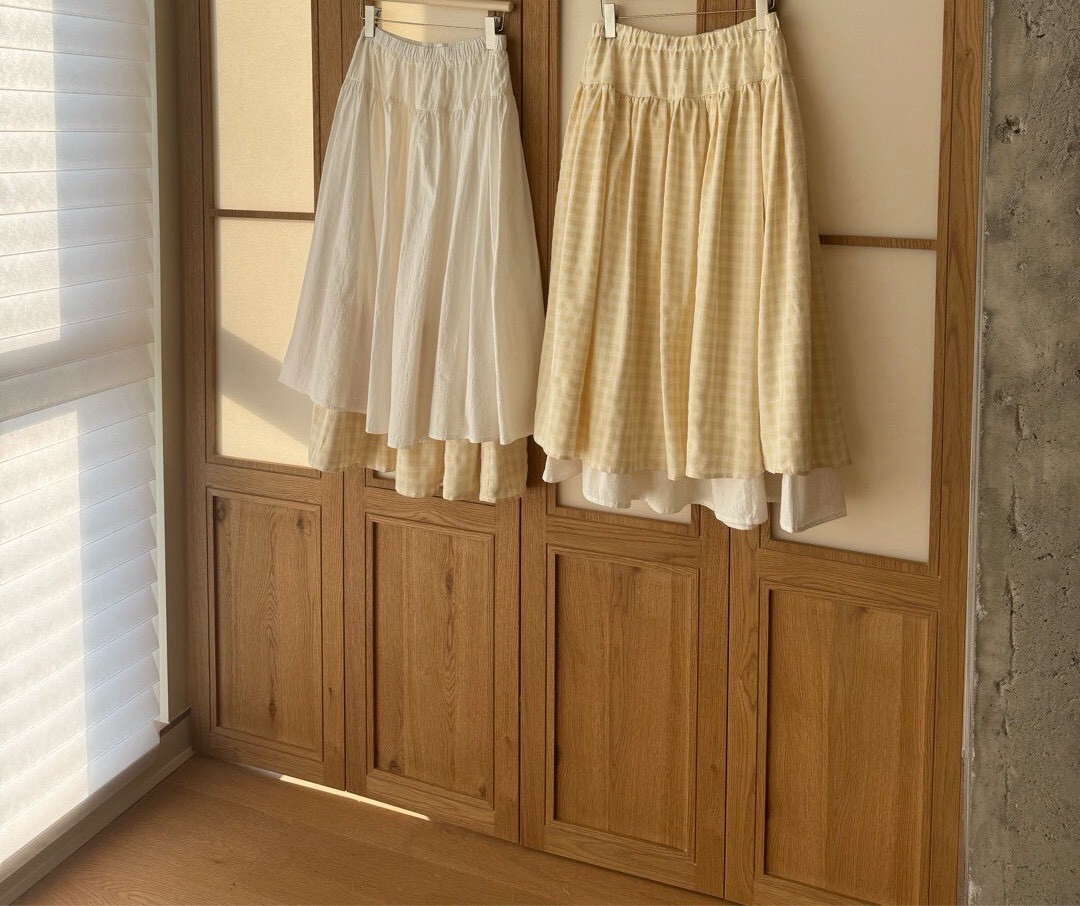 060388 格紋多層次半裙 - 黃格