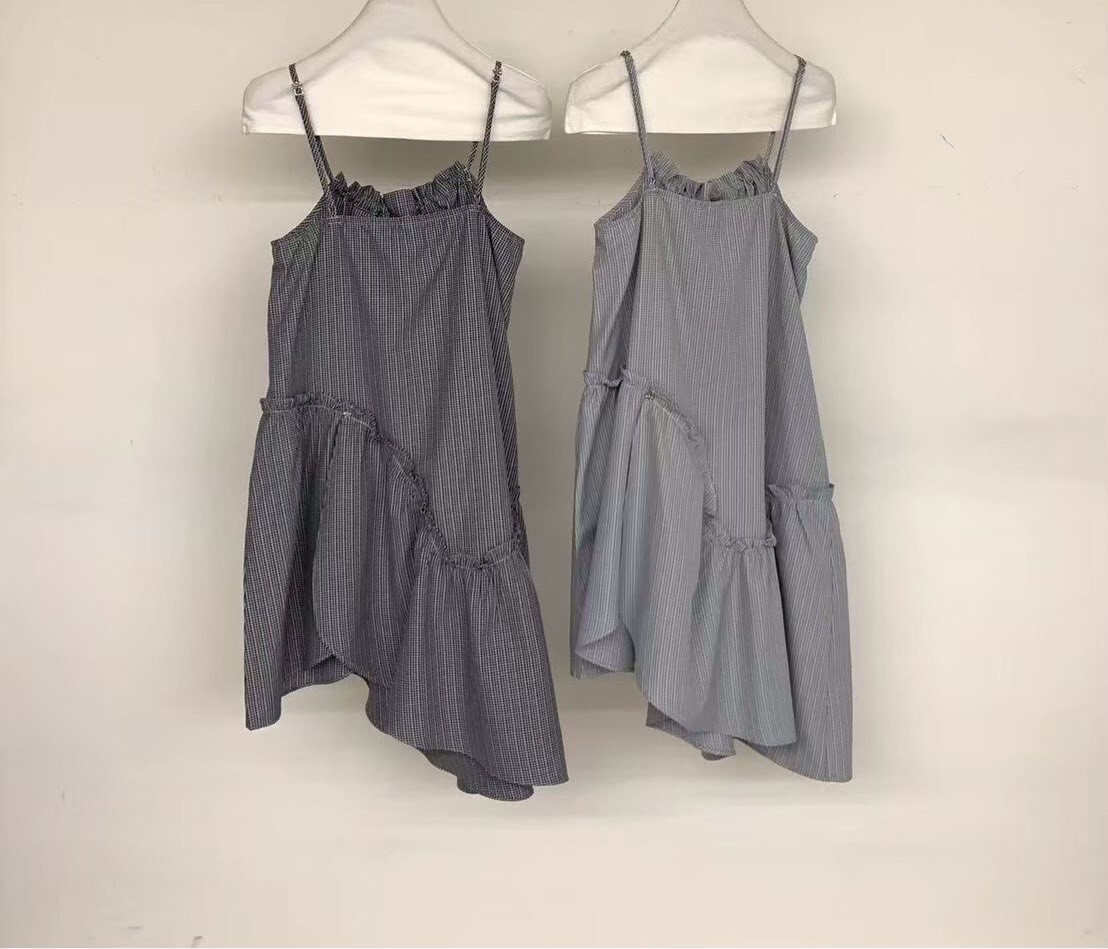 060234 小眾設計款! 不對稱格紋吊帶洋 - 藍色