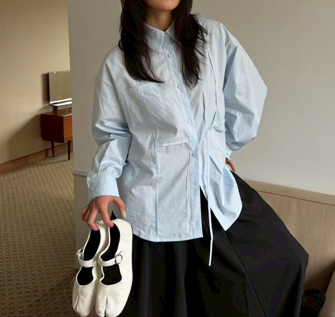 060203 小眾設計款! 不對稱翻領襯衫 - 藍色