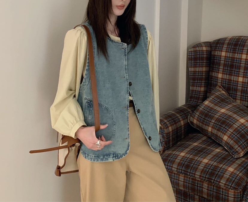 060393 日系丹寧背心 - 淺藍