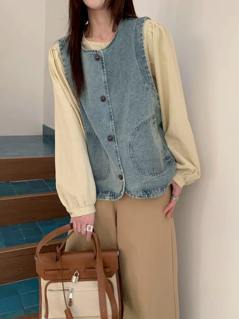 060393 日系丹寧背心 - 淺藍