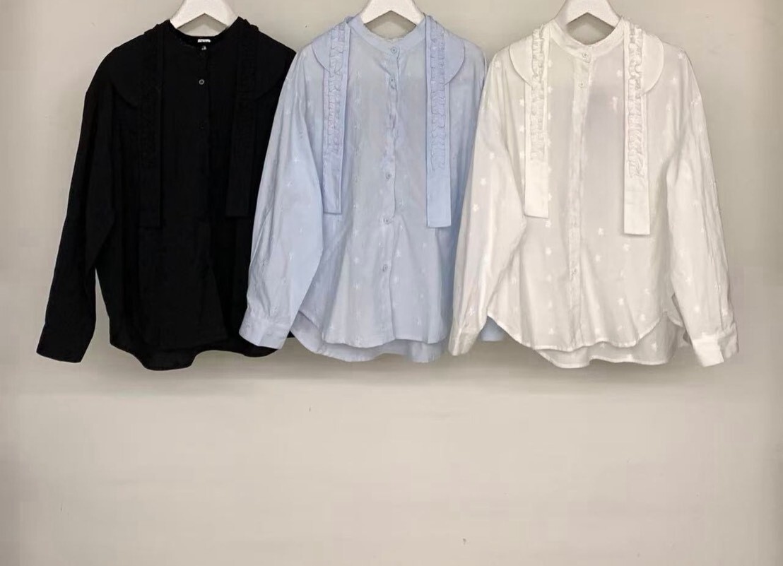 060410 小眾設計款! 荷葉邊領帶襯衫 - 藍