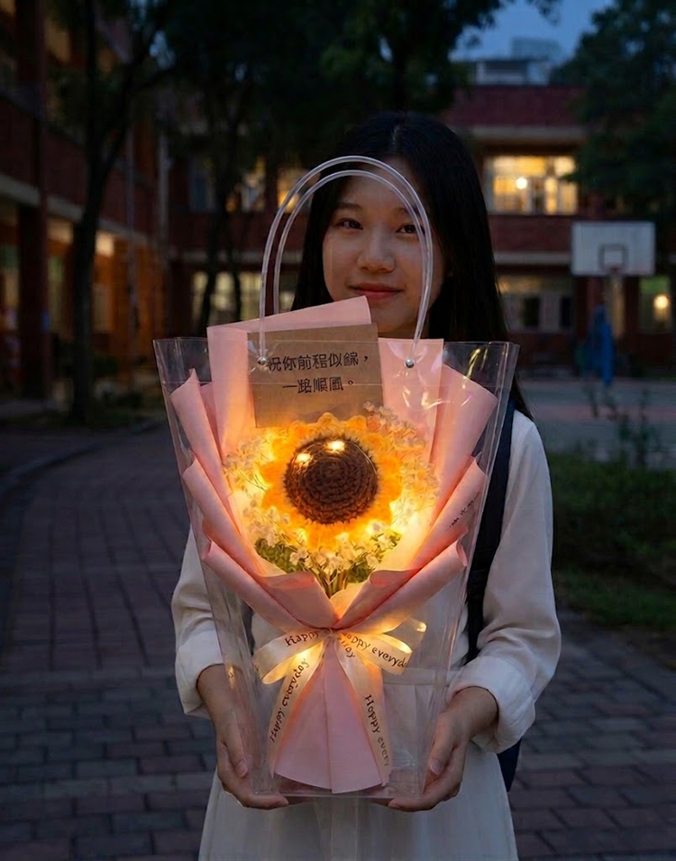 少女手持發光向日葵永生花禮盒，粉橙包裝，LED燈照亮花朵，背景校園黃昏，卡片寫「祝你前程似錦，一路順風」