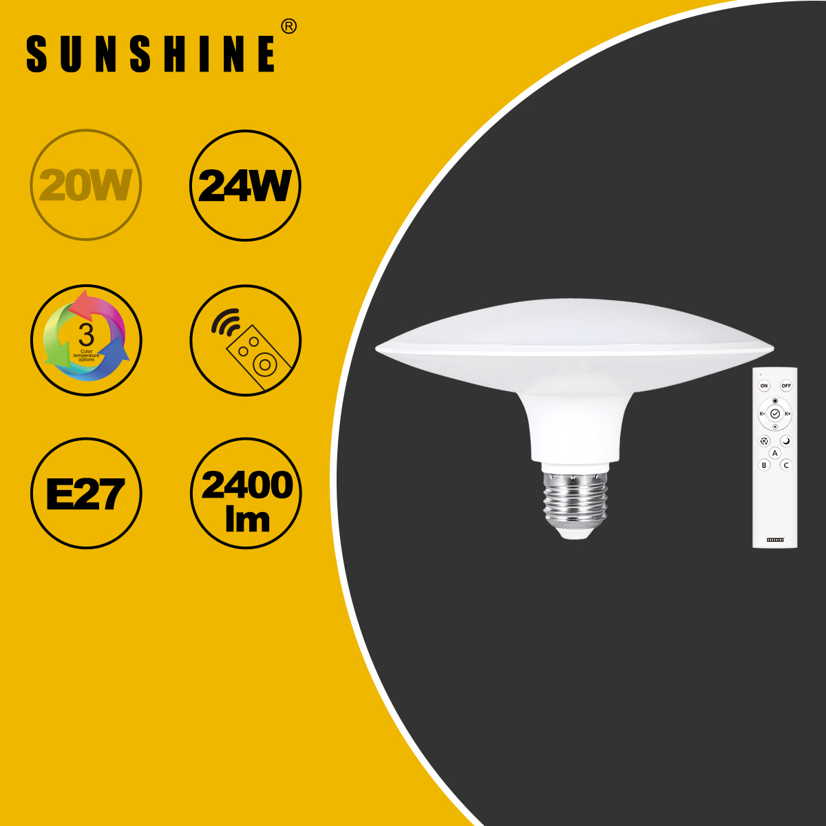 LED燈膽(遙控飛碟燈套裝) 24W E27大螺頭 可調光暗+三色溫 (LUFOB-24E27RC)
