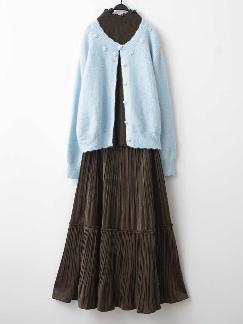 珍珠小花針織外套羅紋針織上衣紋壓褶絨裙