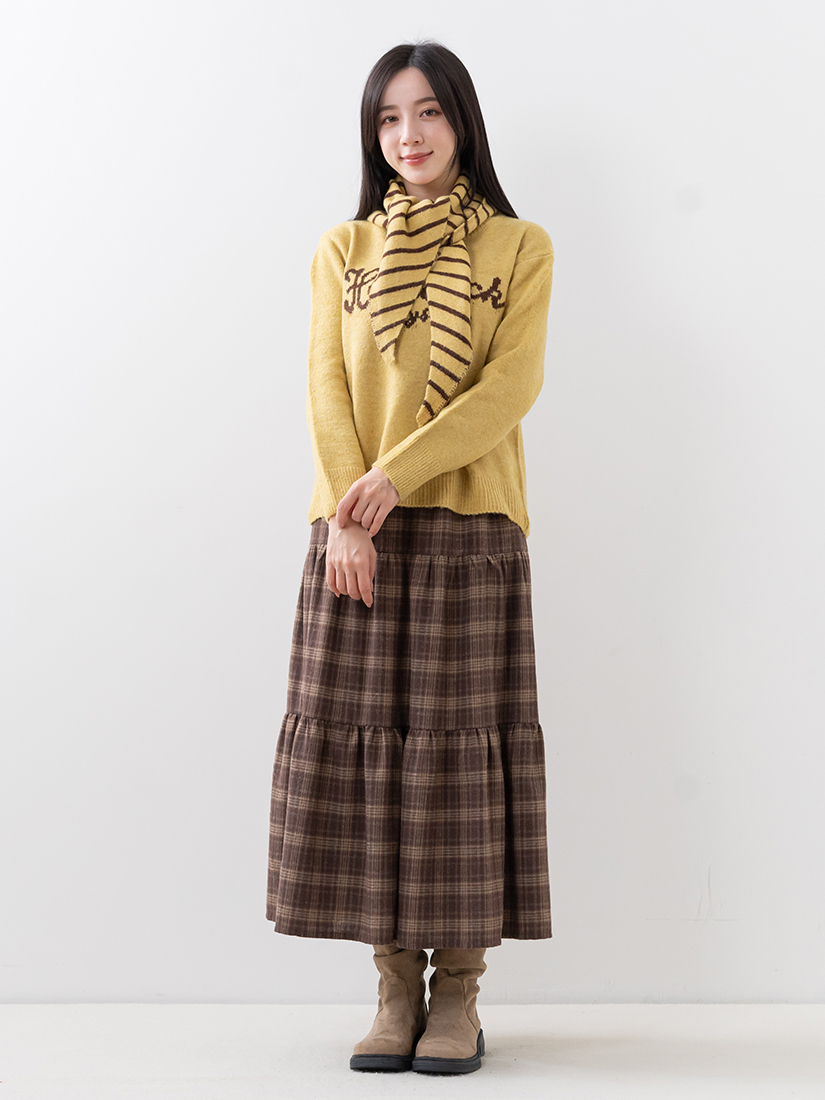 條紋披肩針織上衣格紋蛋糕長裙組合