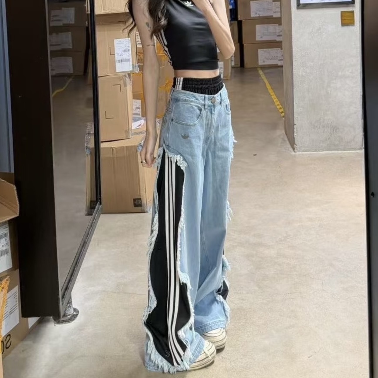 ADIDAS ORIGINALS ADILENIUM 破壞感 牛仔寬褲 假兩件 褲頭 高腰 愛迪達 KY5192/KY5193