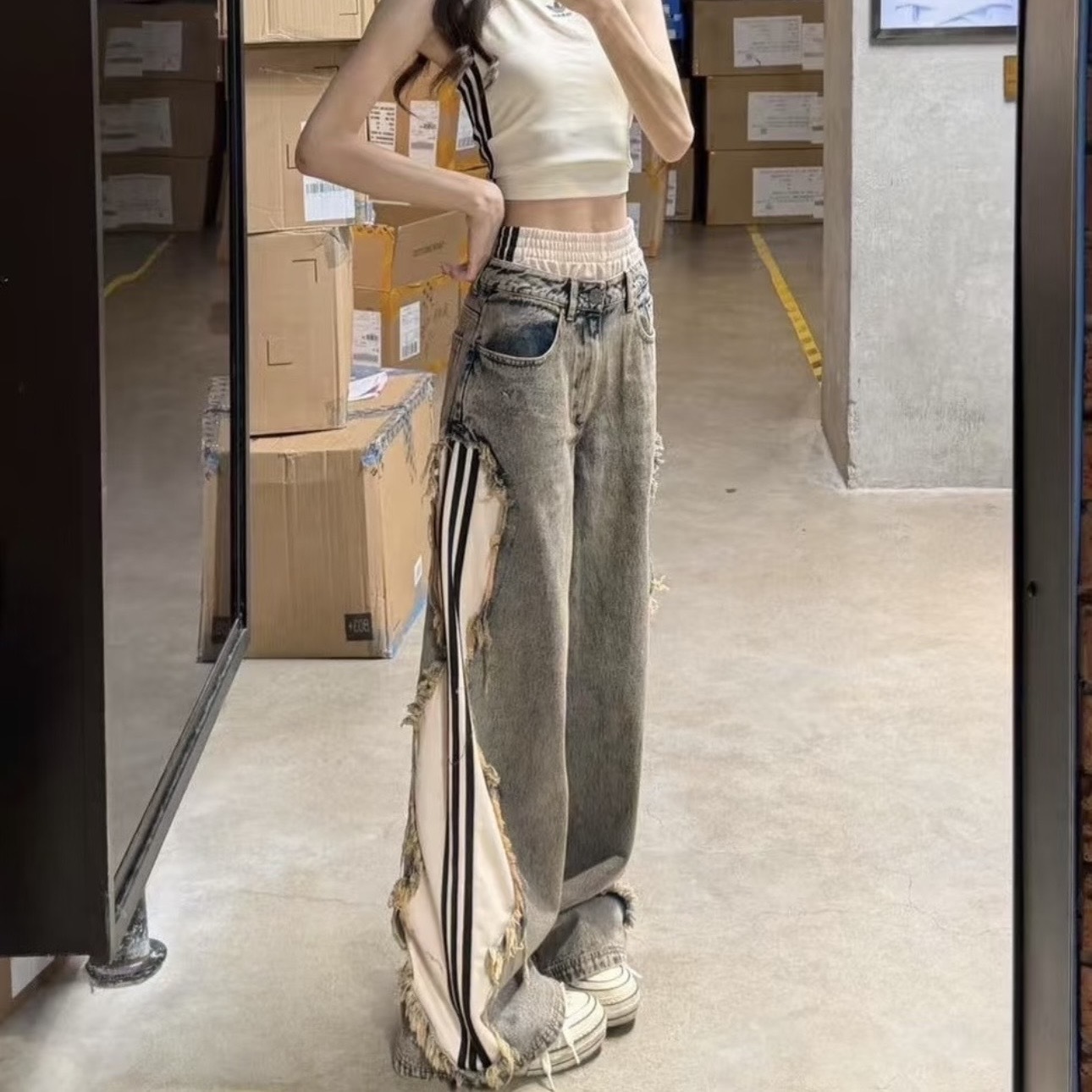 ADIDAS ORIGINALS ADILENIUM 破壞感 牛仔寬褲 假兩件 褲頭 高腰 愛迪達 KY5192/KY5193