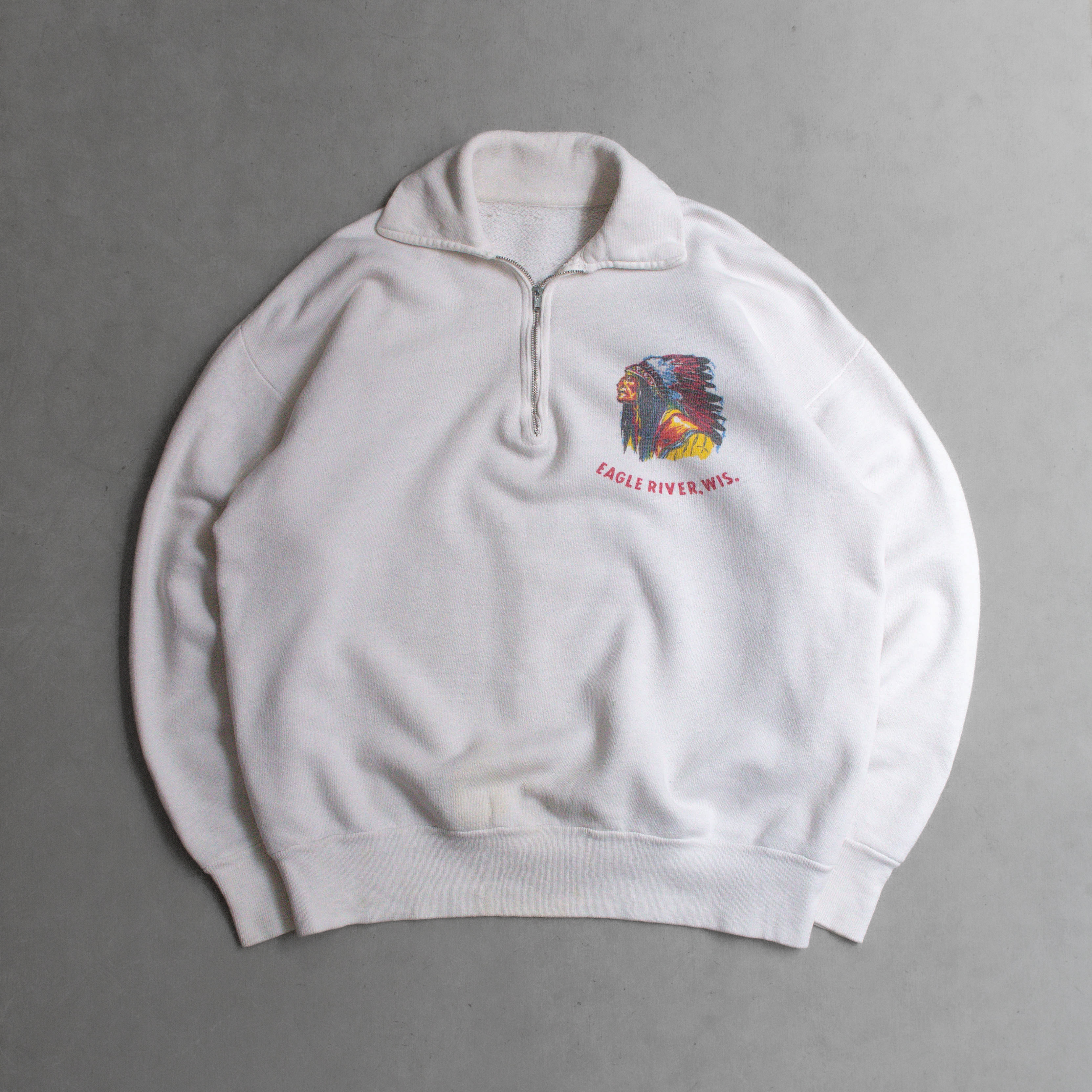 VINTAGE 1/4 ZIP SWEATSHIRT 美國 白色 印地安人 拉鍊 長袖 大學T