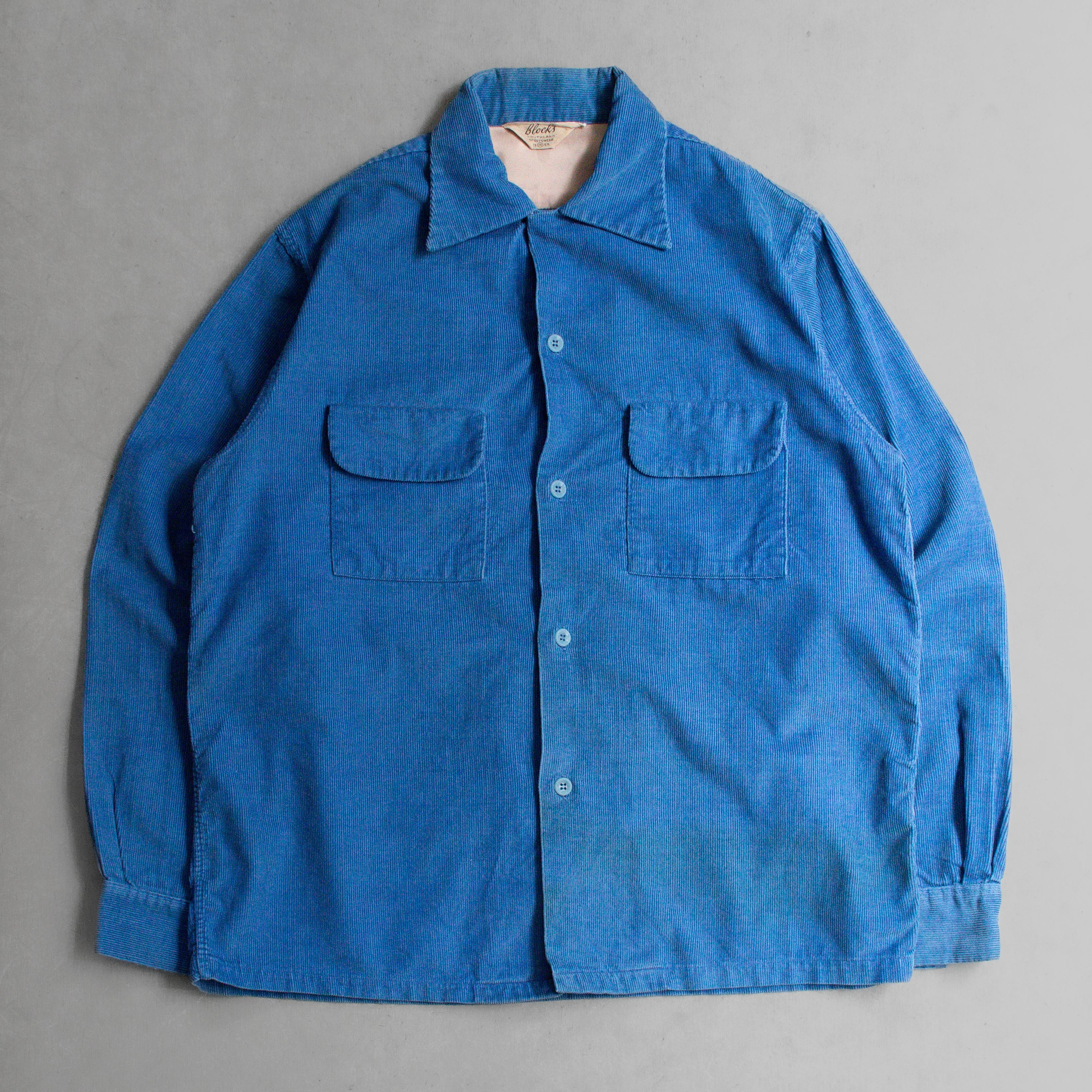 50S BLOCKS CORDUROY OPEN SHIRT 美國製 藍色 燈芯絨 開領 長袖 襯衫