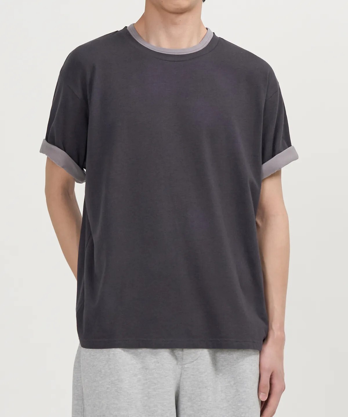 【OWN】TOFFEE 短袖 上衣 素T 雙層 撞色 寬鬆 落肩 素面 百搭 韓系 流行 不分男女 黑色/炭灰 深藍/淺灰