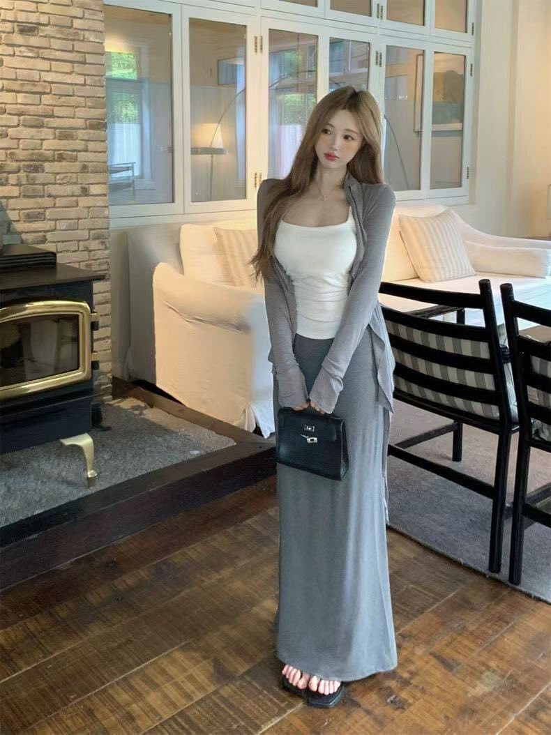 純欲慵懶薄款小外套背心長裙三件式套裝❤️