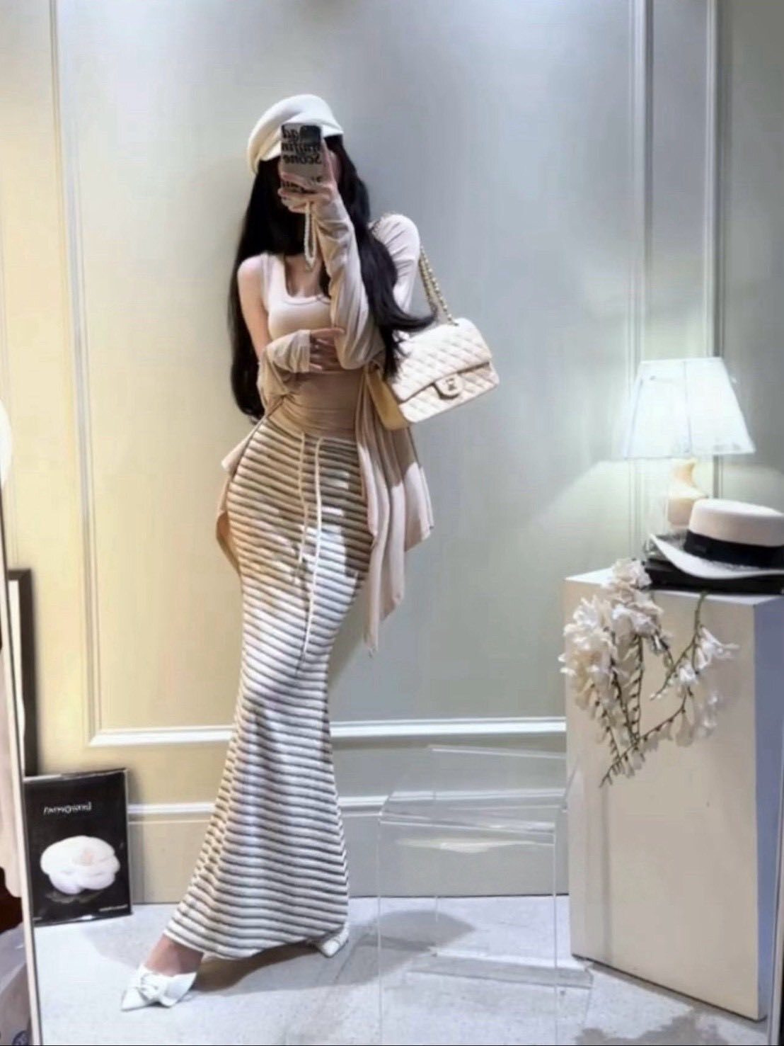 純欲天花板開衫背心條紋長裙三件式套裝❤️