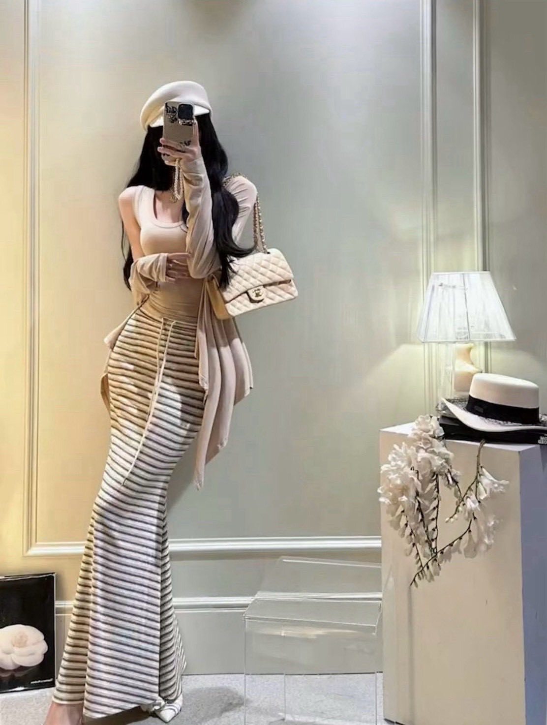 純欲天花板開衫背心條紋長裙三件式套裝❤️