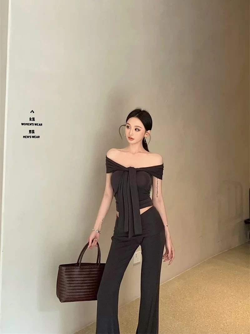 辣妹一字肩兩穿綁帶抹胸一字肩喇叭褲套裝❤️