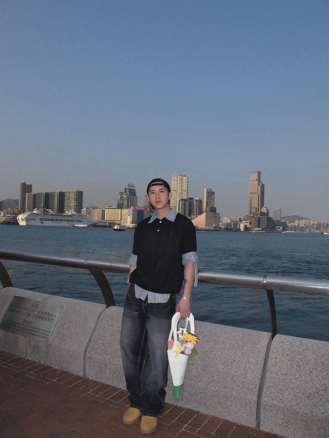 竹節紋寬鬆牛仔彎刀褲/黑色