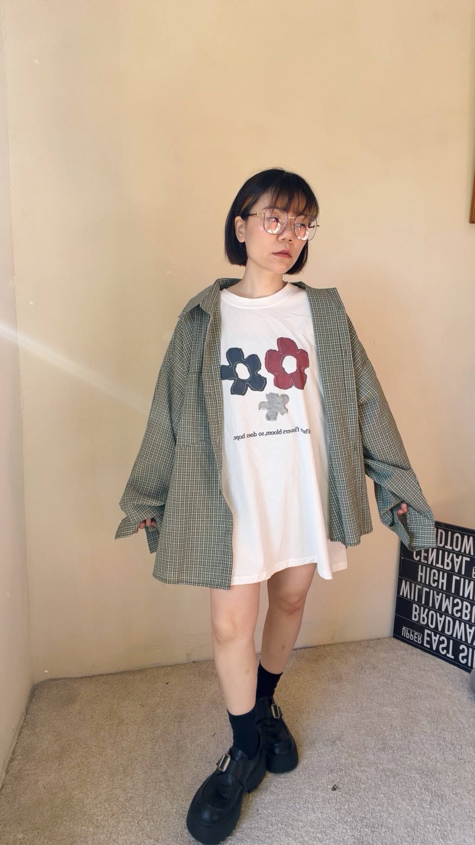 寬鬆口袋格紋襯衫s