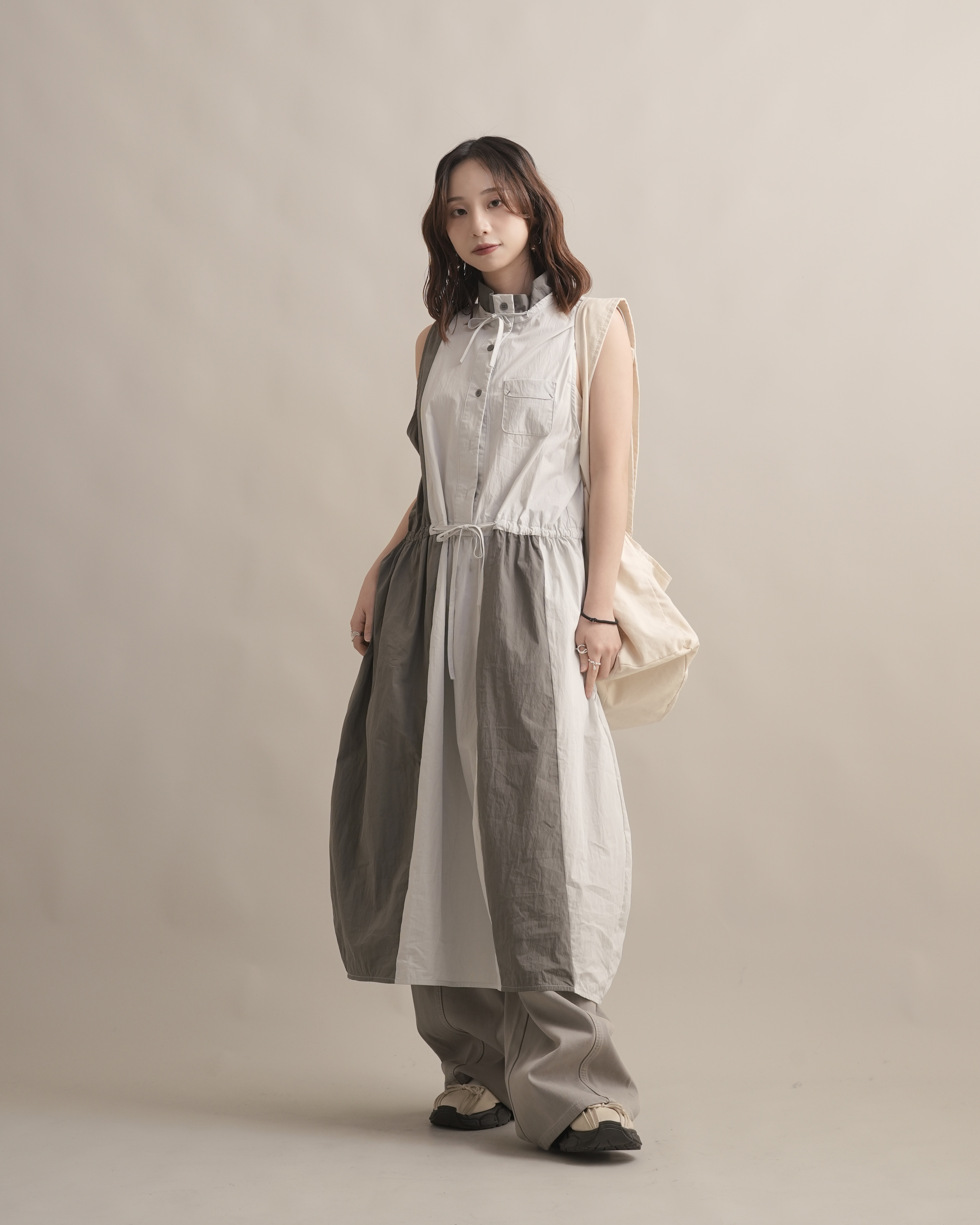 060238 小眾設計款! 拼接背心洋 - 灰綠