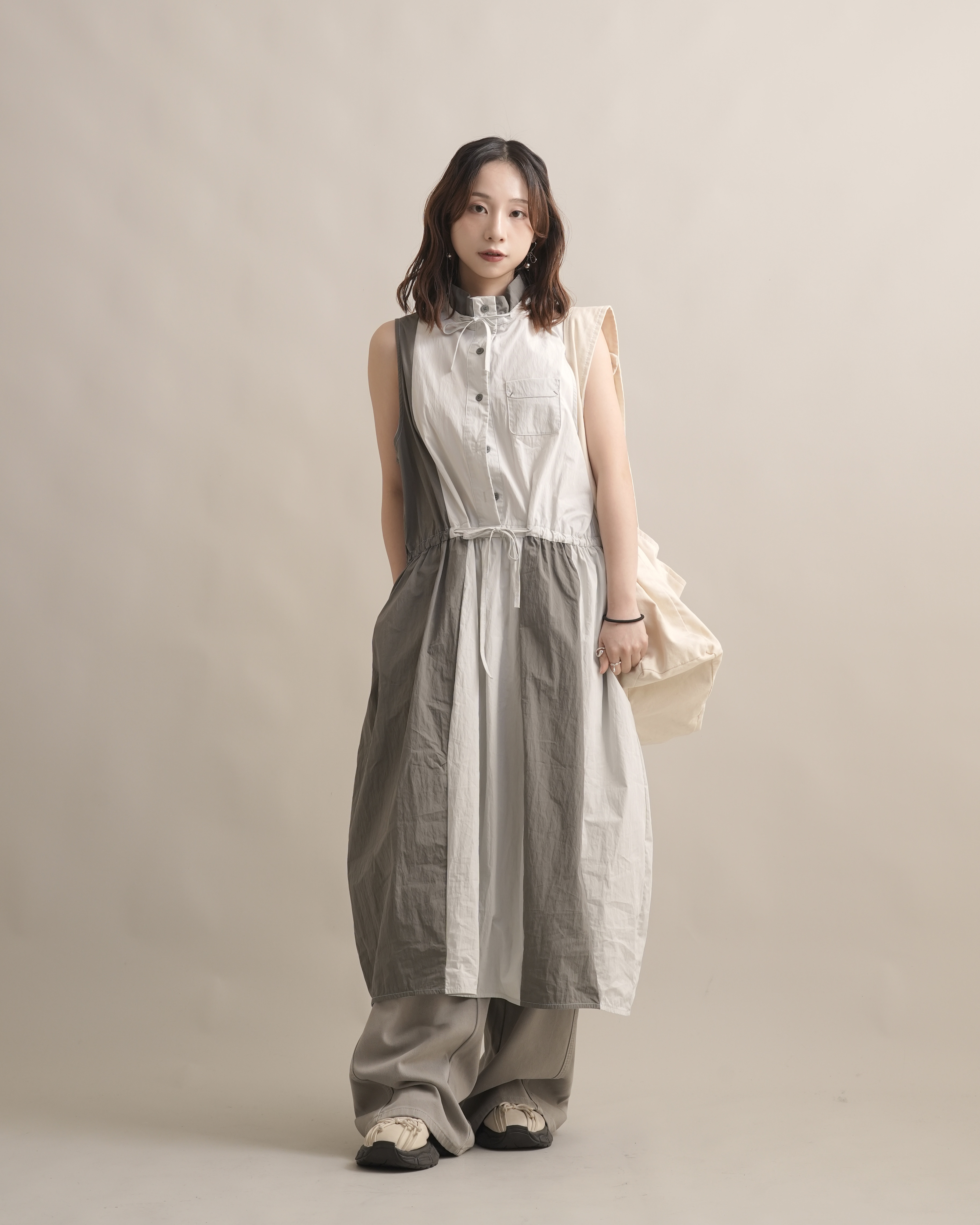 060238 小眾設計款! 拼接背心洋 - 灰綠