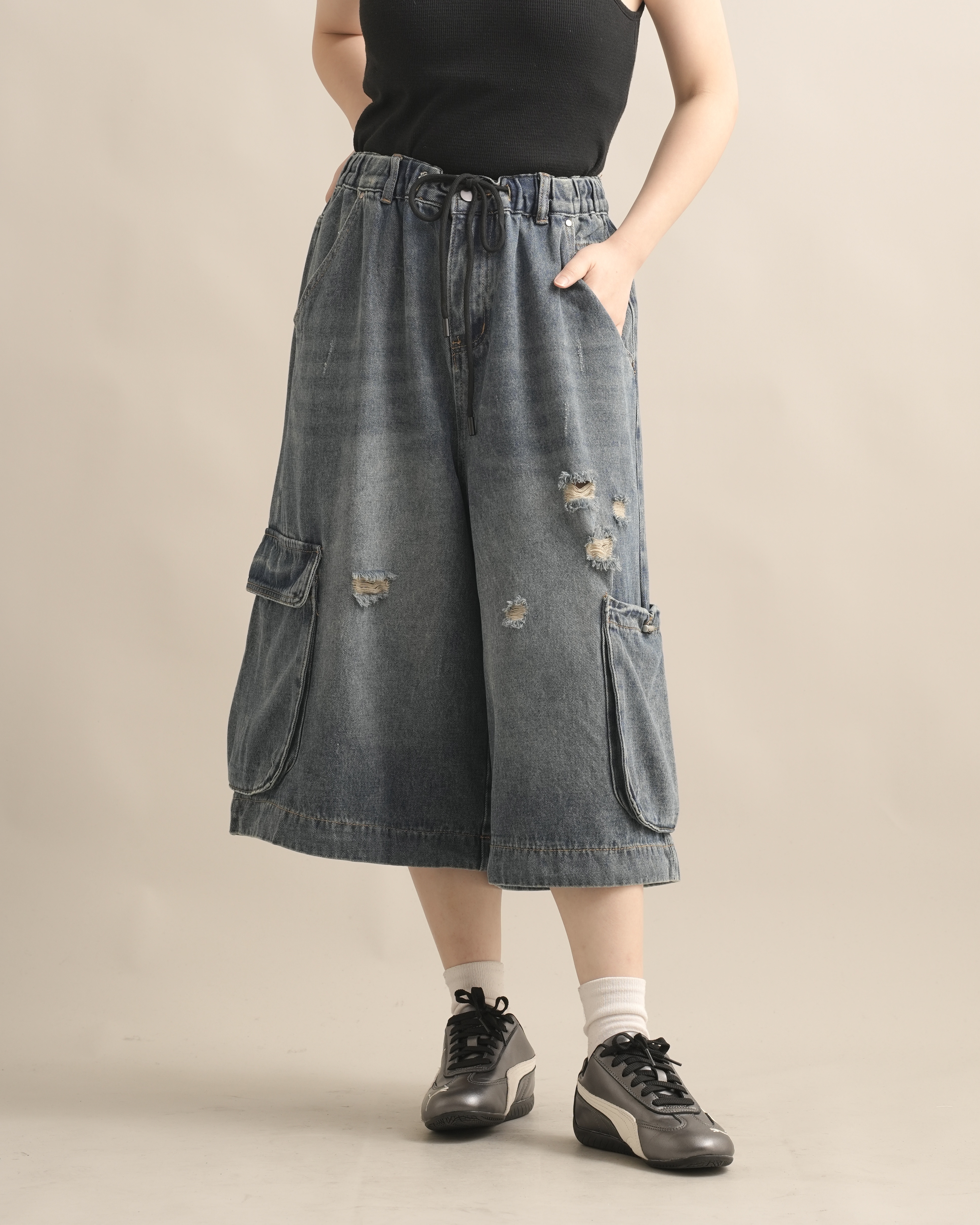 060339 小眾設計款! 大口袋八分牛仔褲 - 藍