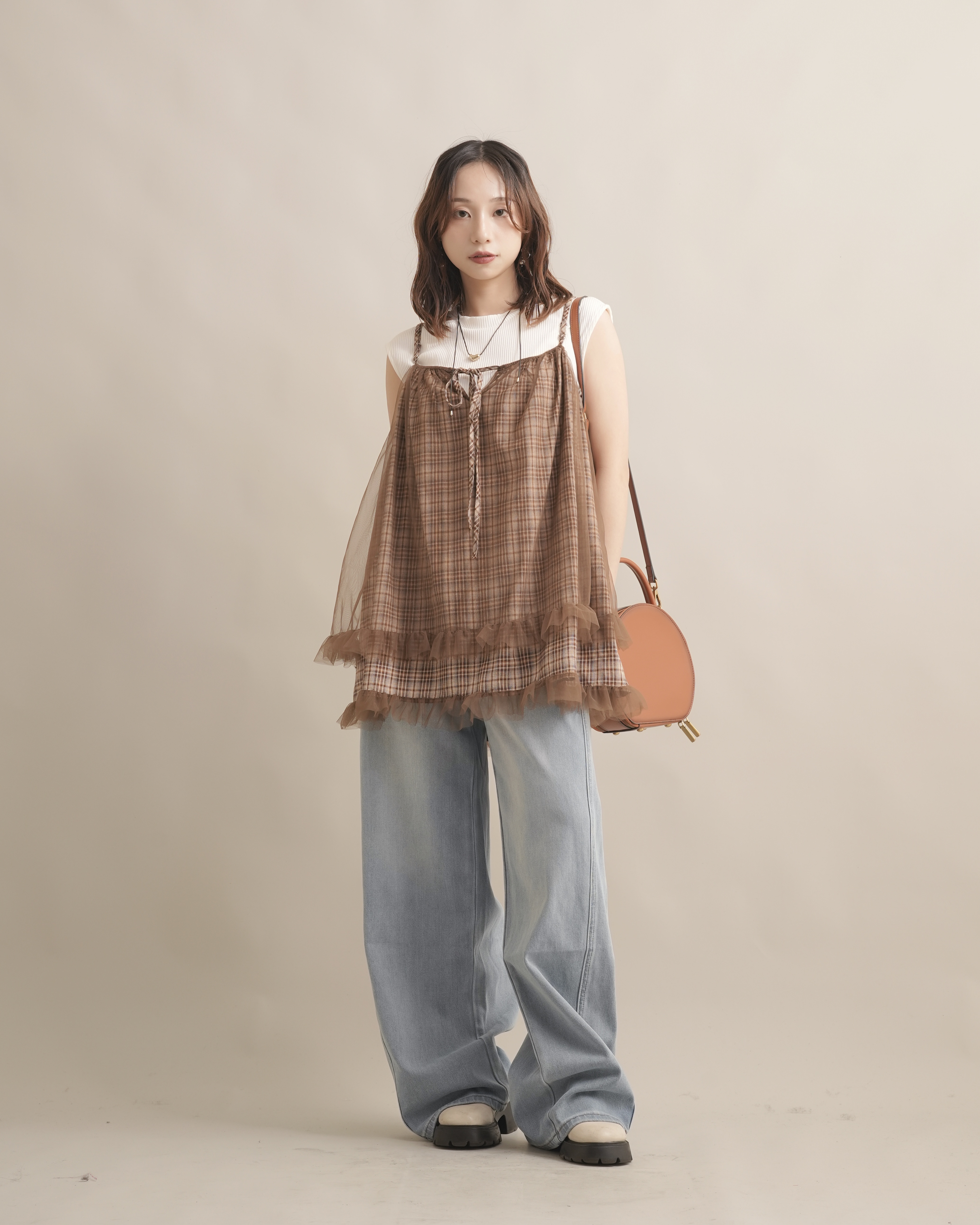 060387 小眾設計款! 拼紗格紋吊帶背心 - 棕