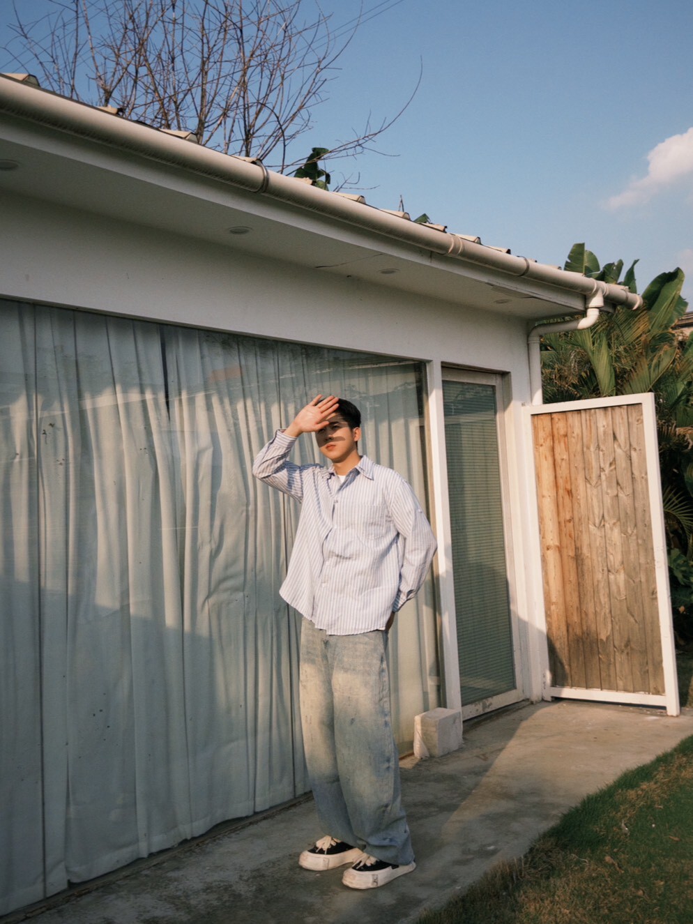 日常條紋假兩件襯衫/藍條紋