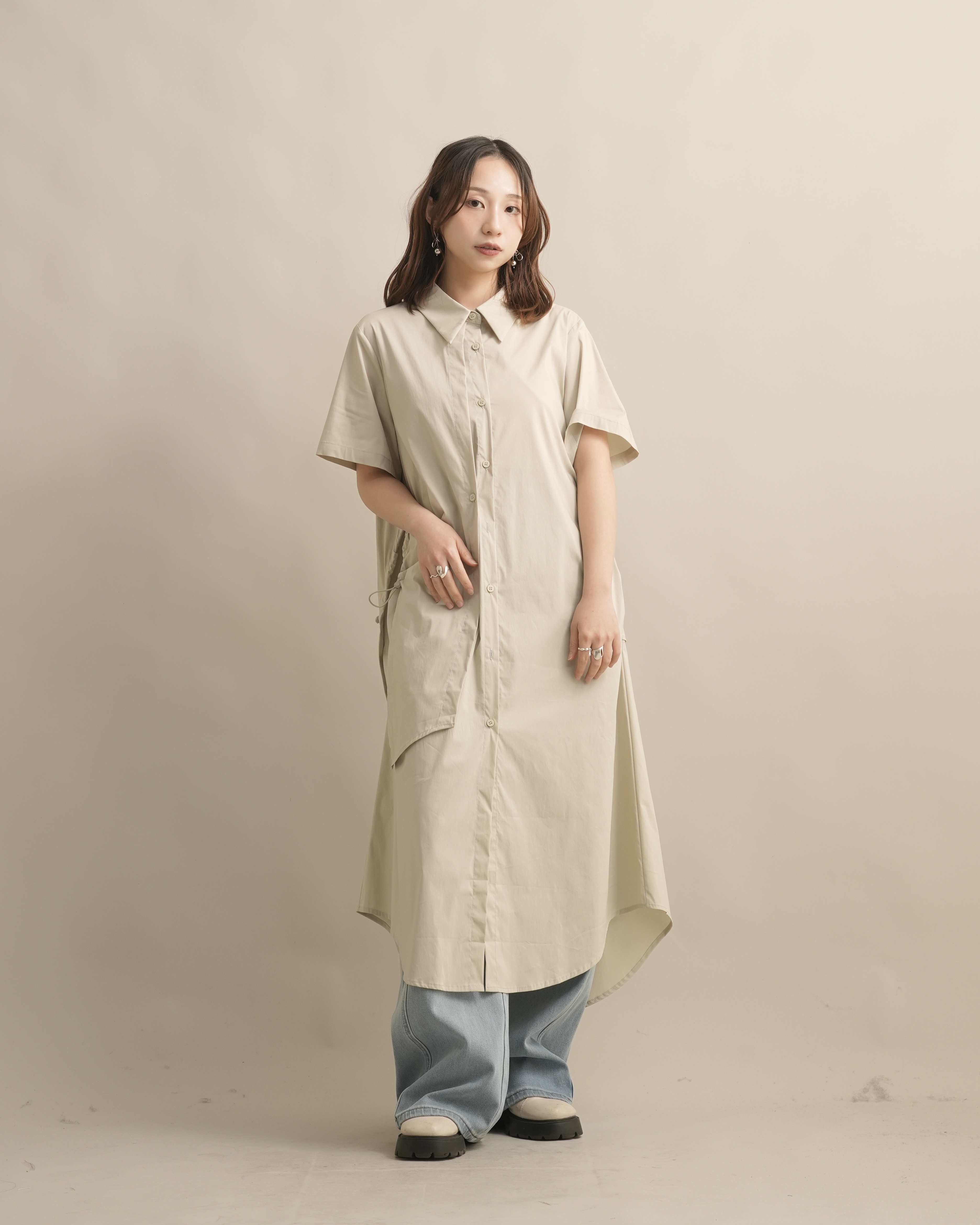 060270 小眾設計款! 側抓皺短袖襯衫洋 - 卡其綠