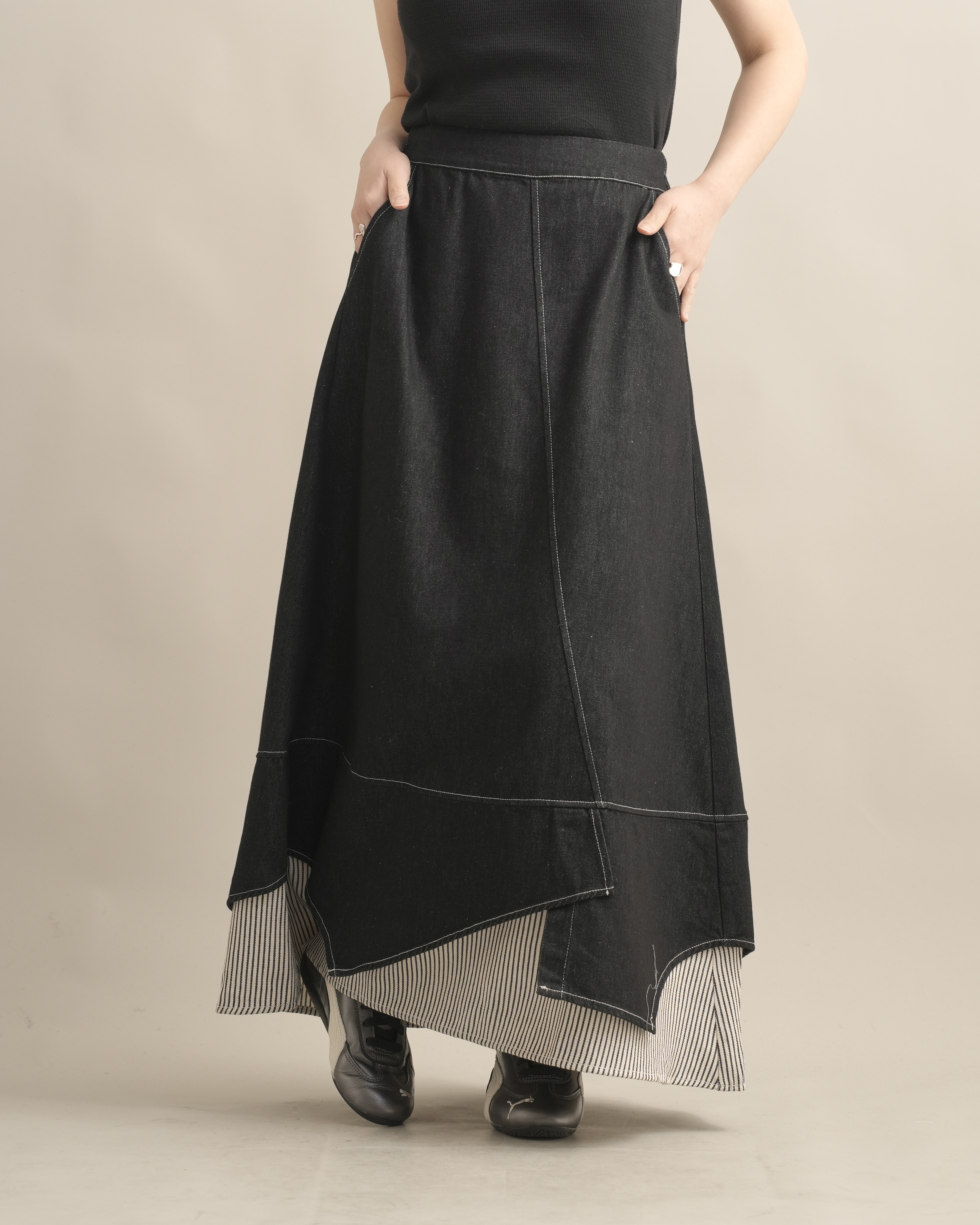 060274 小眾設計款! 拼接條紋牛仔半身裙 - 2 colors