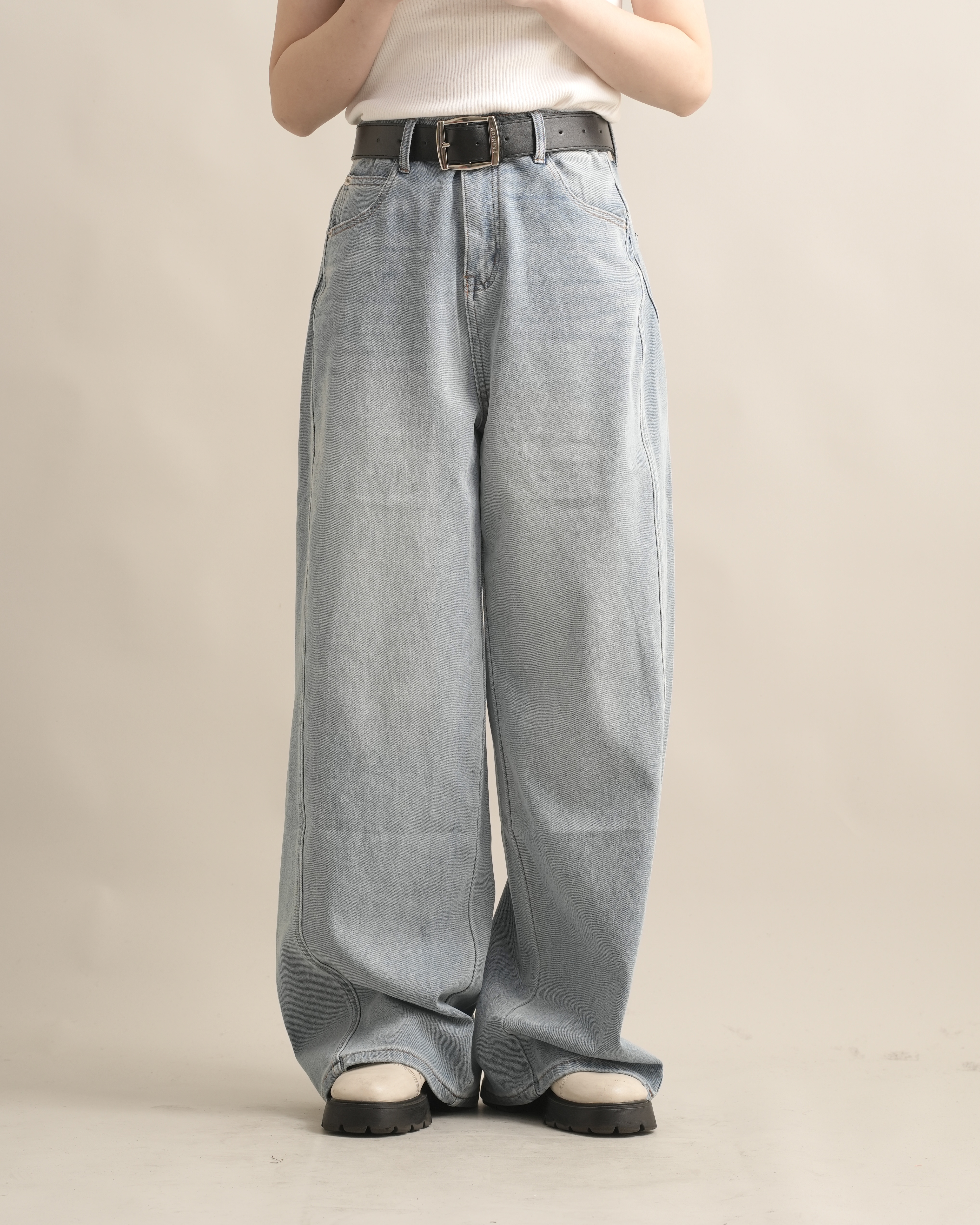 060368 落地感牛仔寬褲 - 藍色（附皮帶）