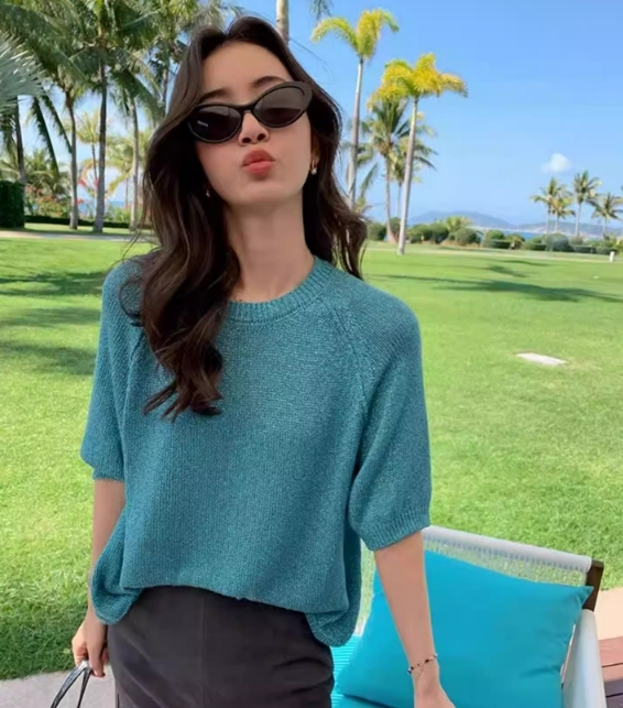 碎金流光 五分袖針織上衣(杏/藍)