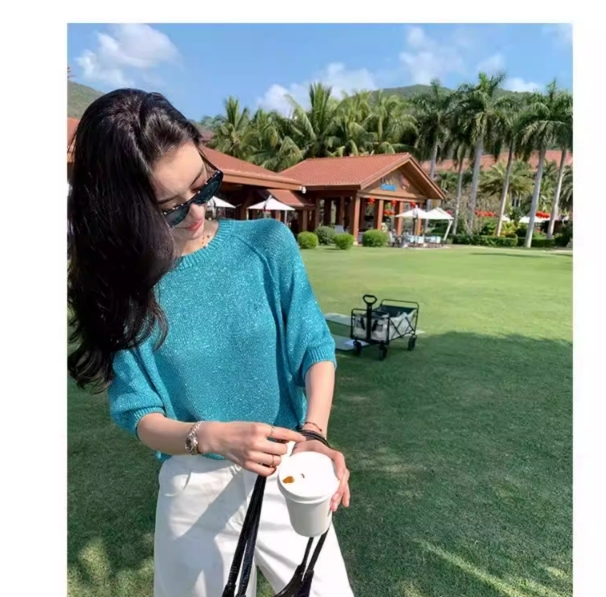 碎金流光 五分袖針織上衣(杏/藍)