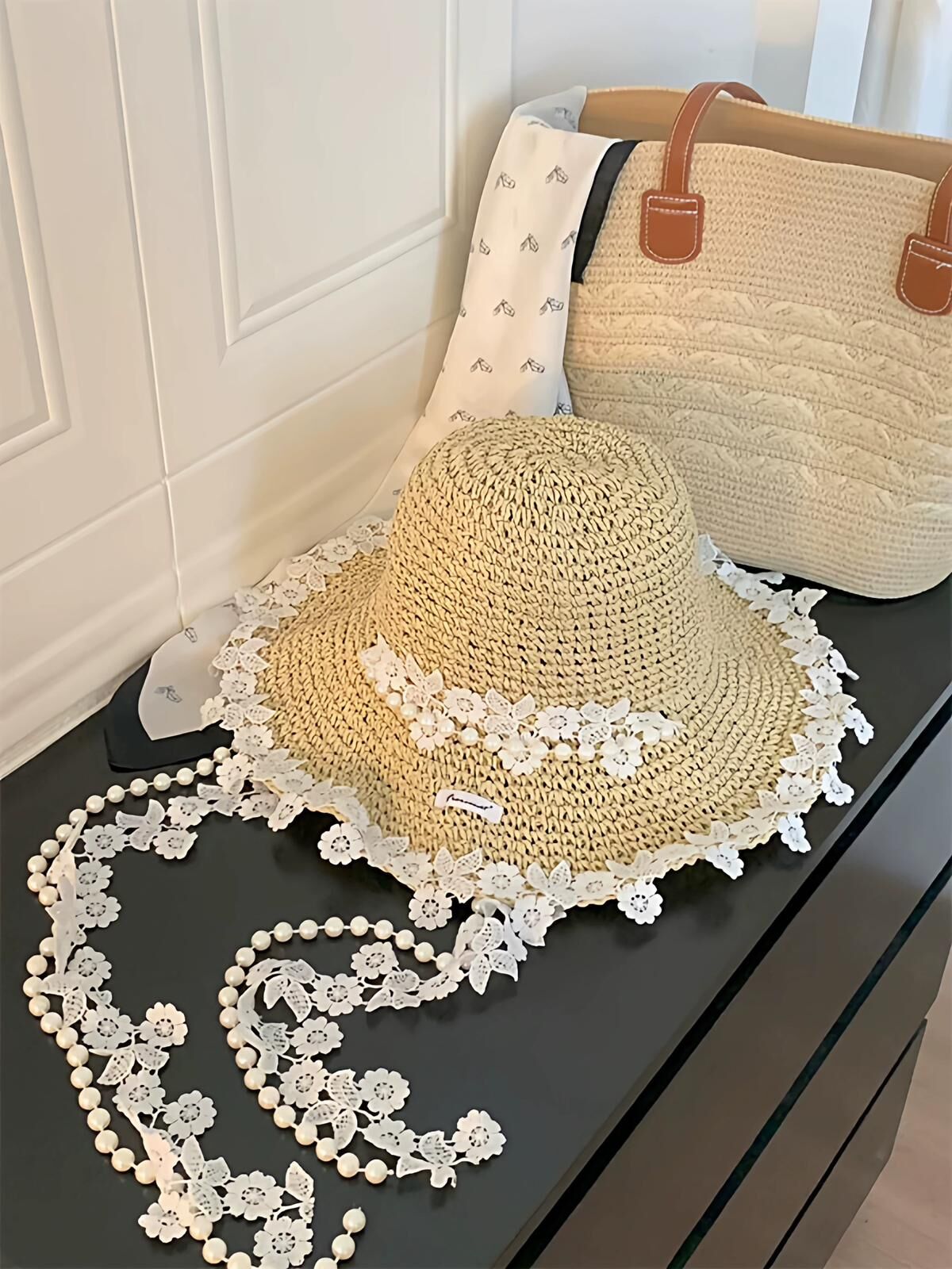 甜美勾花蕾絲流蘇草帽