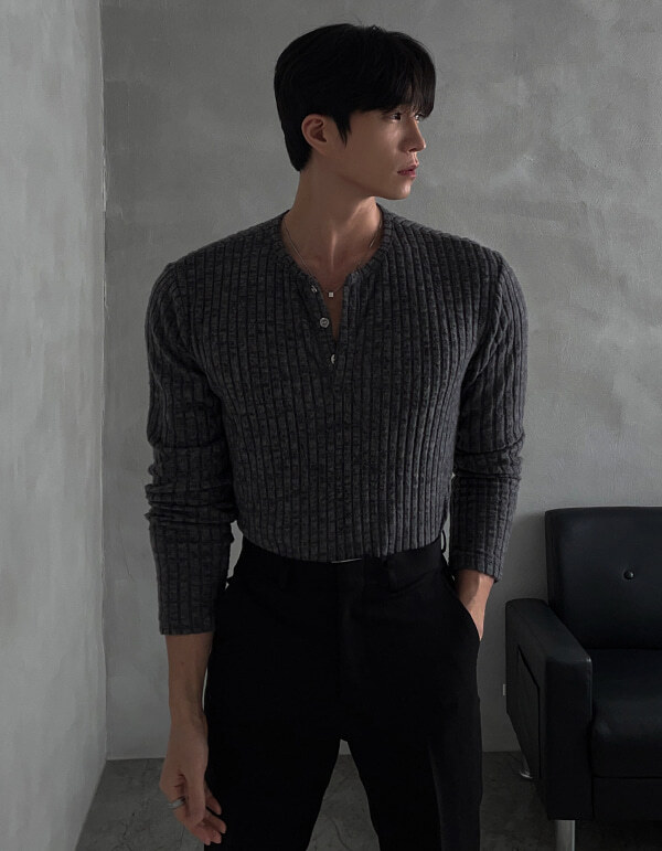 羅紋肌肉亨利領針織衫